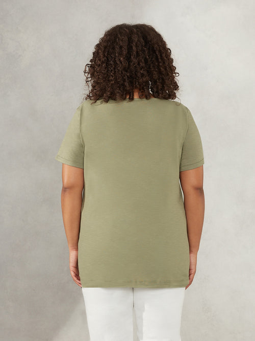 Khaki Cotton Textured V-Neck T-shirt