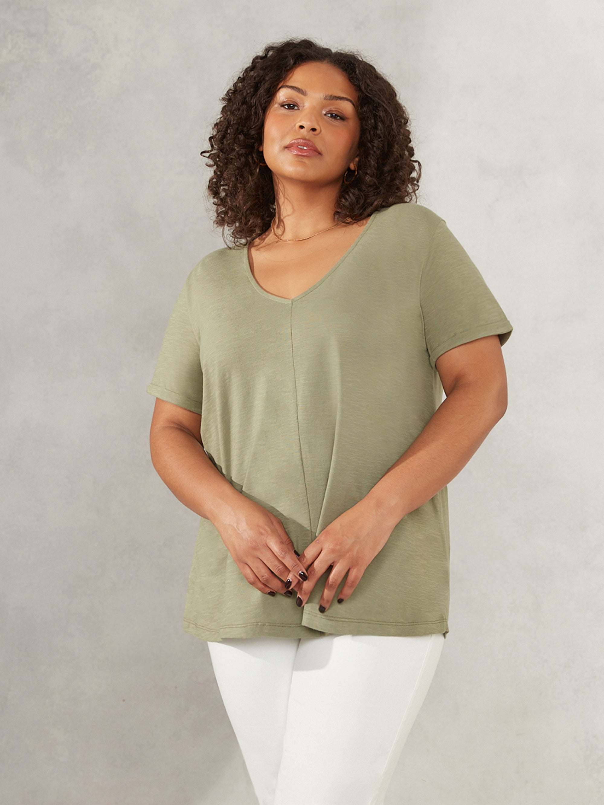 Khaki Cotton Textured V-Neck T-shirt