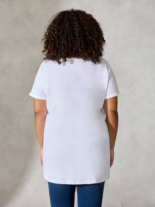 White Cotton Textured V-Neck Long Line T-shirt