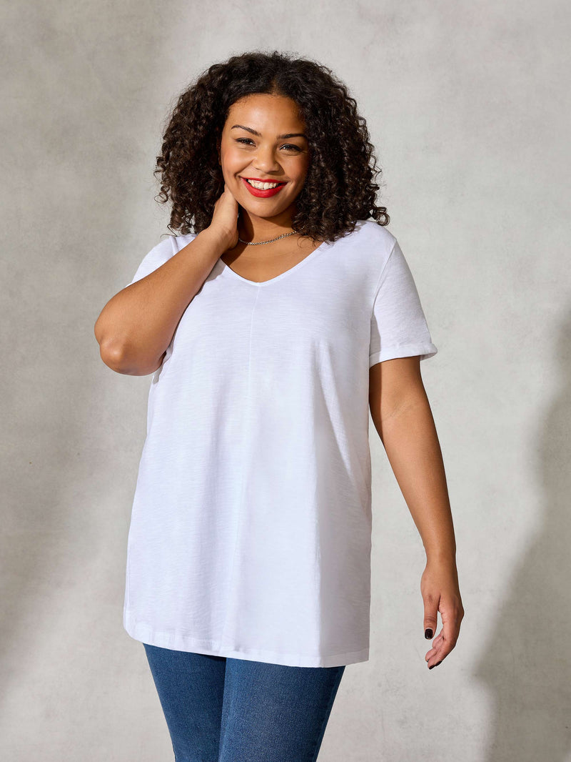 White Cotton Textured V-Neck Long Line T-shirt