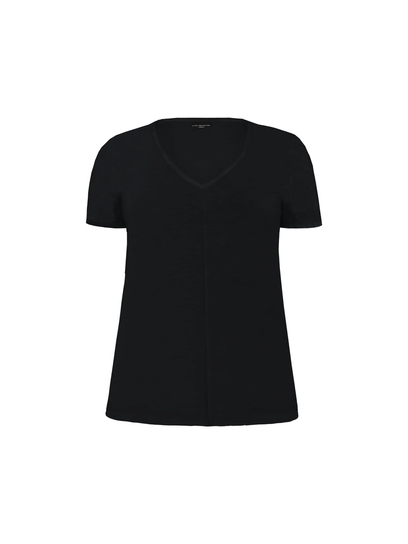 Black Cotton Textured V-Neck Long Line T-shirt