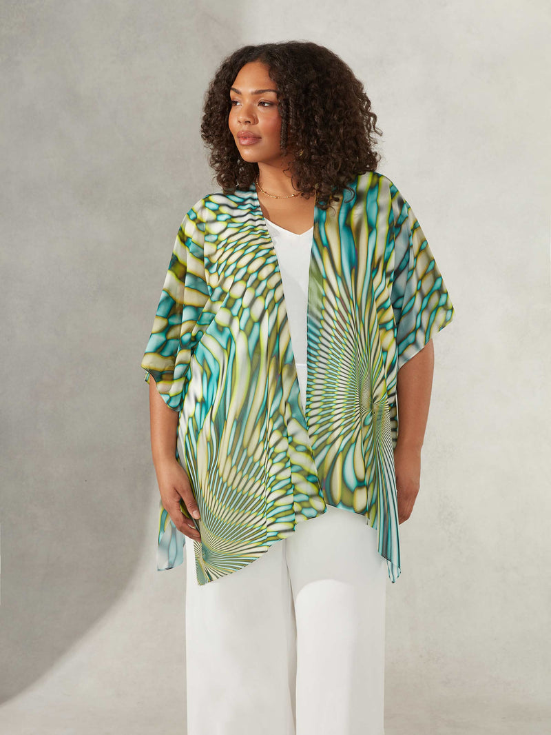 Green Kaleidoscope Print Short Kimono