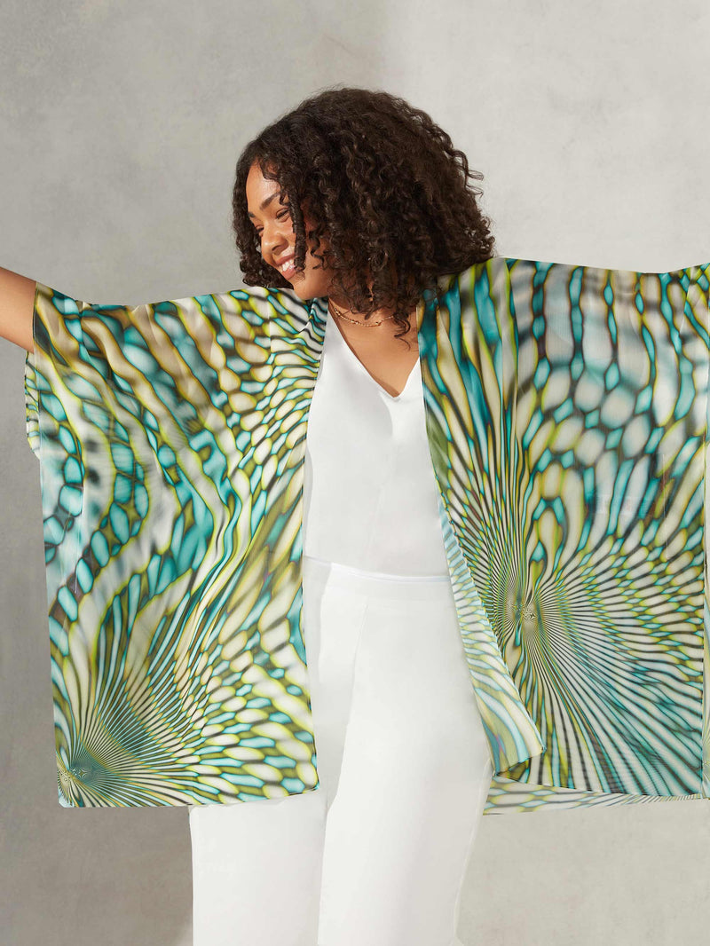 Green Kaleidoscope Print Short Kimono