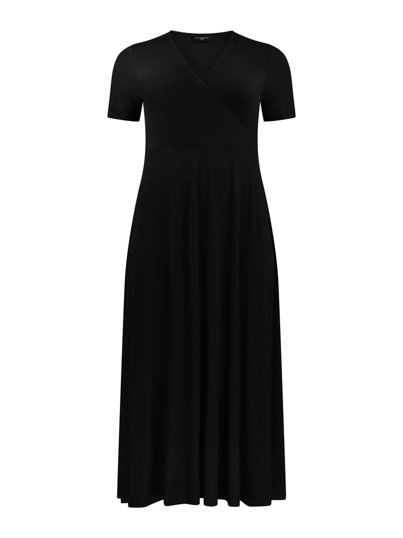 Black Wrap Short Sleeved Midi Dress