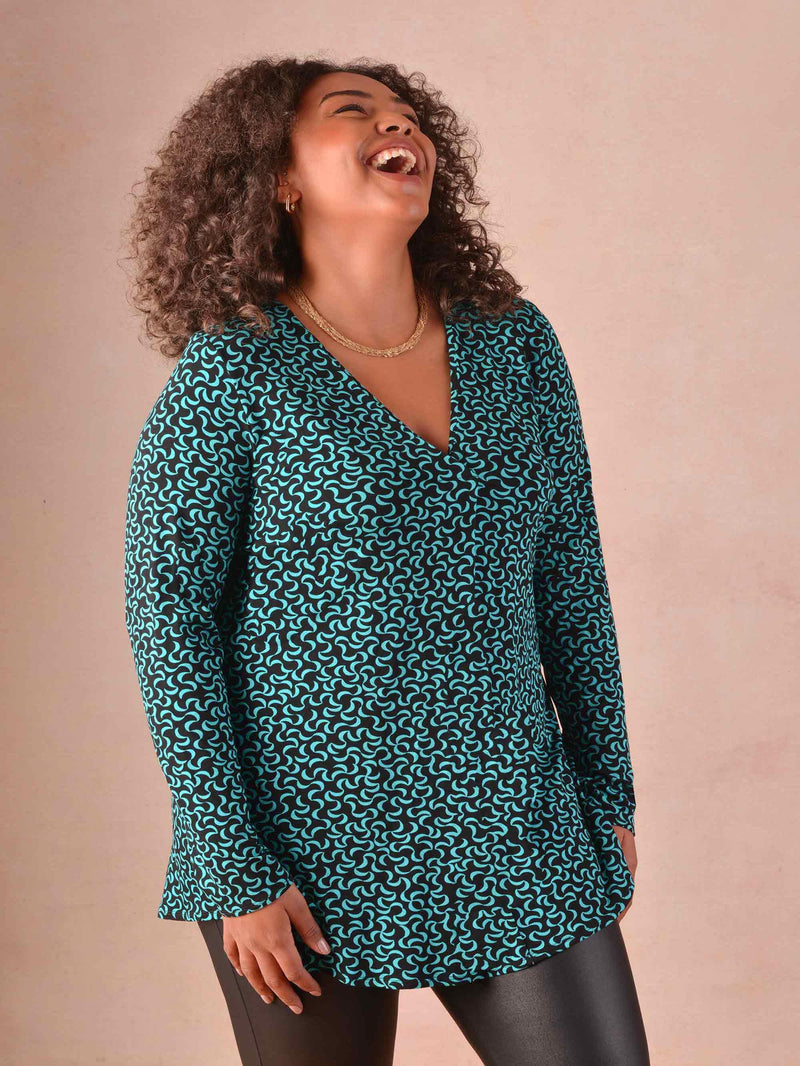 Green Curl Print Pleat Front Jersey Swing Top